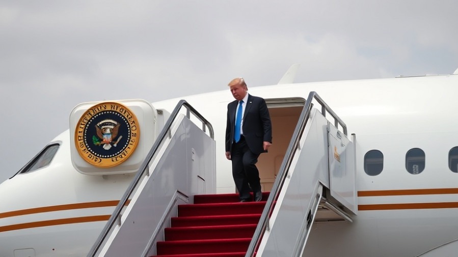 Trump descends airplane steps, highlighting Air Force One safety amid security threats and FBI investigations.