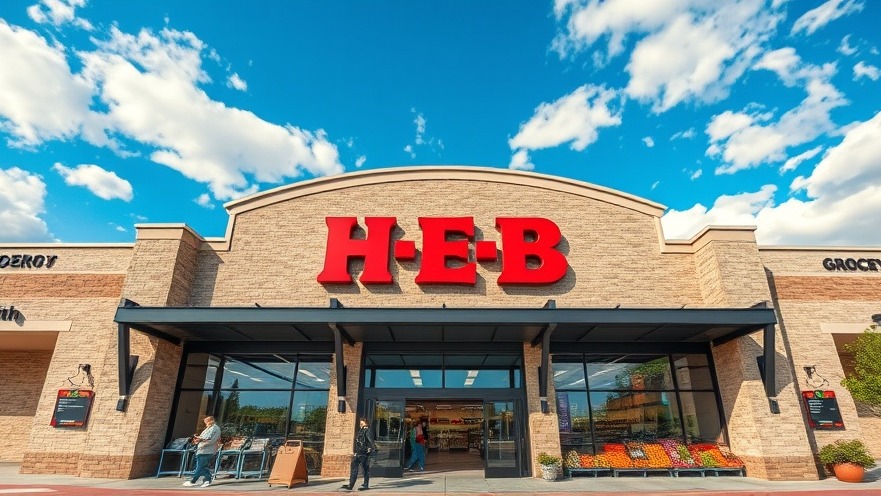 Modern H-E-B grocery store entrance in Austin with striking architecture.