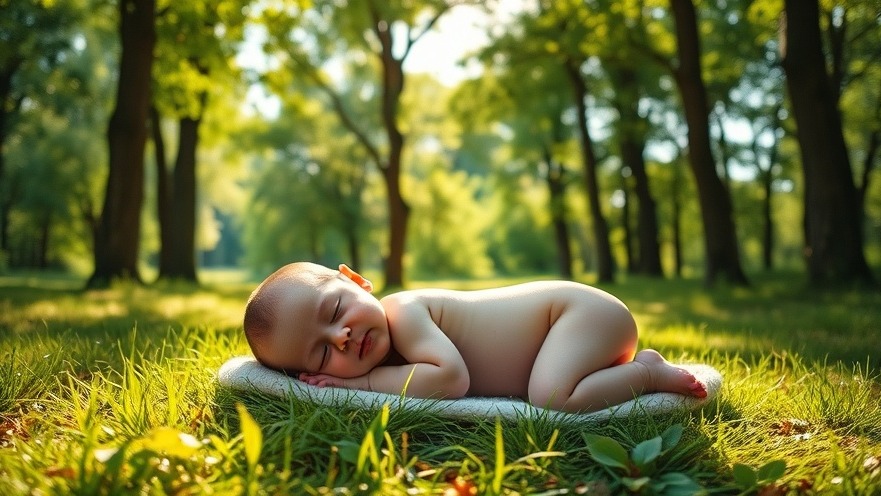 Newborn baby lying on grass in a forest, showcasing benefits of trees for health.