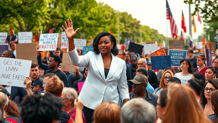 Virginia politics reaction rally with diverse protesters and Winsome Earle-Sears on stage.