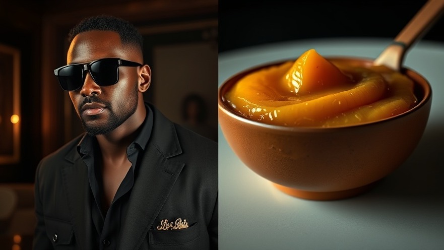 Stylish black man exuding confidence beside unique food pairings like golden applesauce.