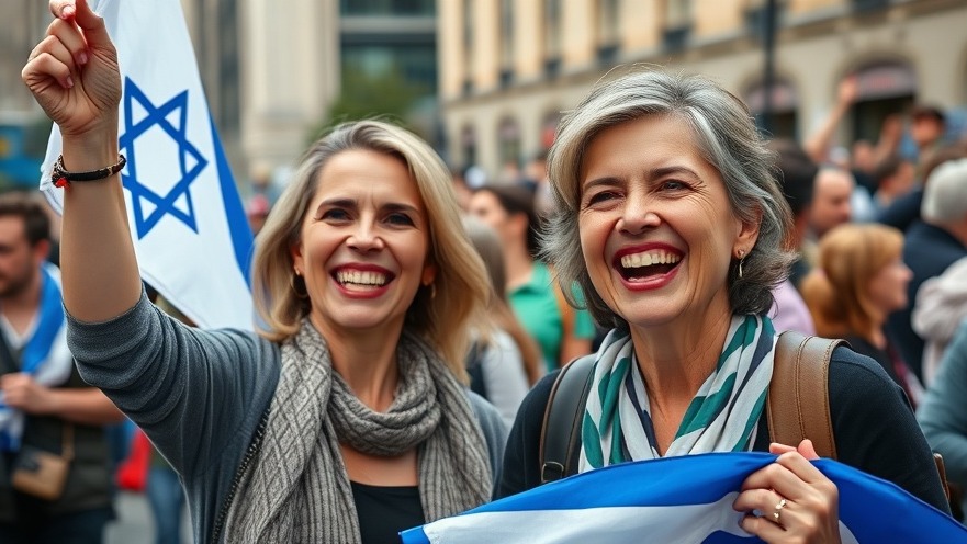 Joyous women celebrating Israel Hamas peace deal with Israeli flag in urban setting.