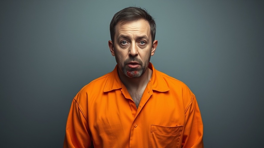 Mugshot of a man in an orange jumpsuit, raising public safety concerns with an emergency services hoax.