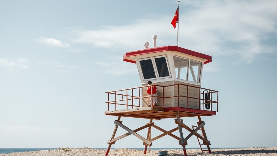 Lifeguard in a low tower promoting health and wellness through safe beach practices.