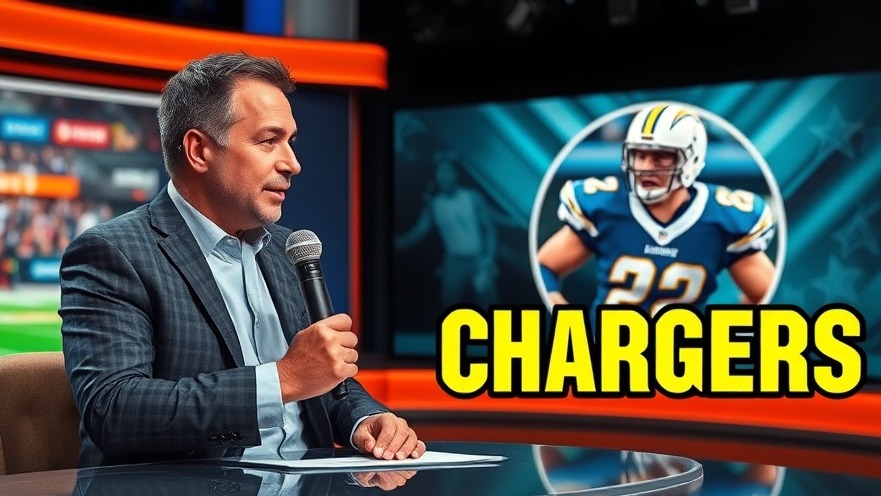Sports commentator analyzing college football scores with Chargers player.