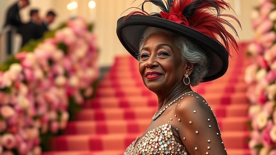 Elegant elderly black woman in a sparkling gown, showcasing Met Gala fashion.