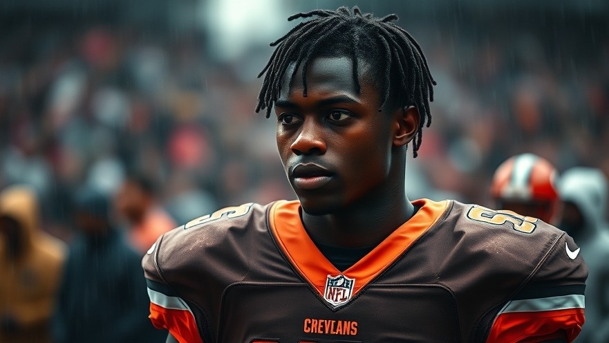 Focused young quarterback prospect in Browns jersey amid NFL Draft news, rain-soaked scene.
