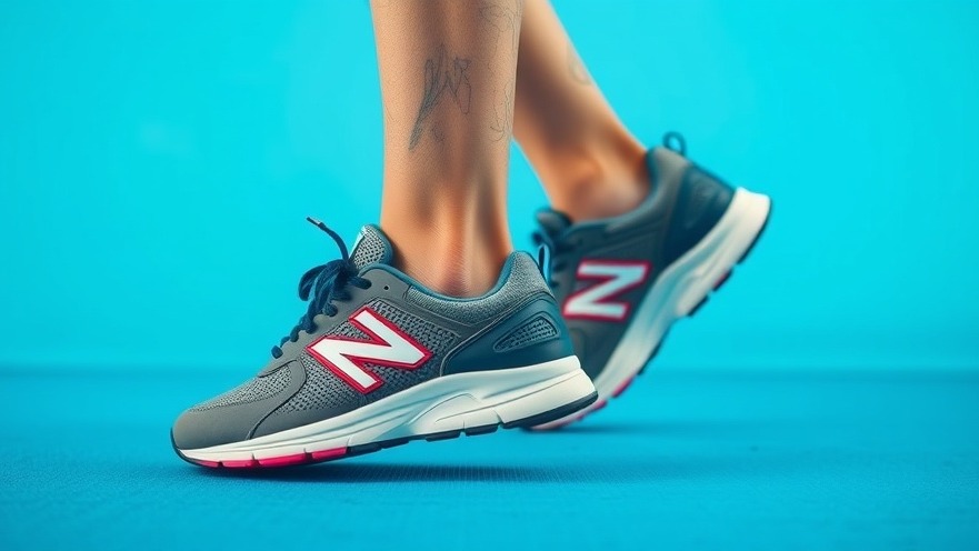 Elderly female athlete in stylish athletic wear, showcasing vibrant New Balance sneakers.