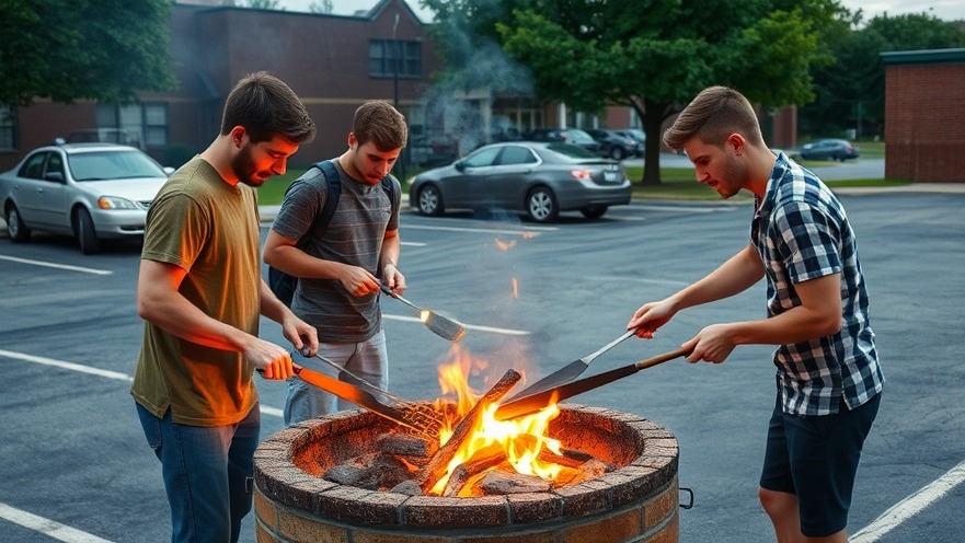 Young men cooking at BBQ pit in Holy Cross San Antonio, showcasing teamwork and community support.