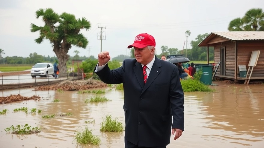Trump in a red cap touring Kerr County floods for Texas disaster relief efforts.