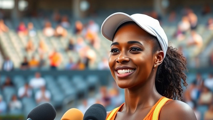 Confident black female tennis player smiling at media, vibrant sports fan gear in 2025.