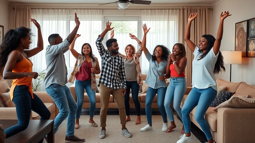 Friends celebrating the Super Bowl 2025 with energetic dance in a cozy living room.