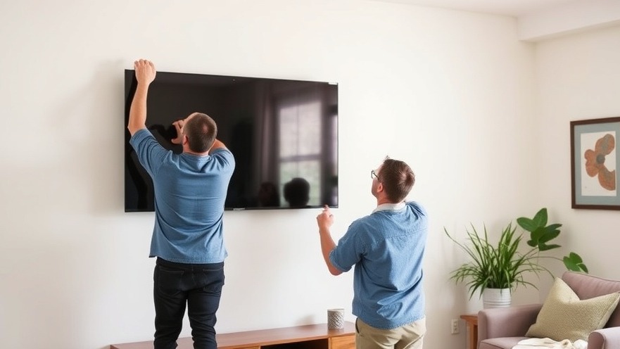 Two friends installing a flatscreen TV for NFL news and sports events.