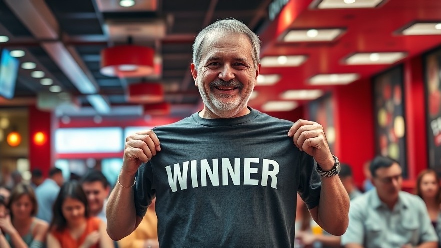 Fort Worth rib-eating contest champion holding T-shirt in restaurant.