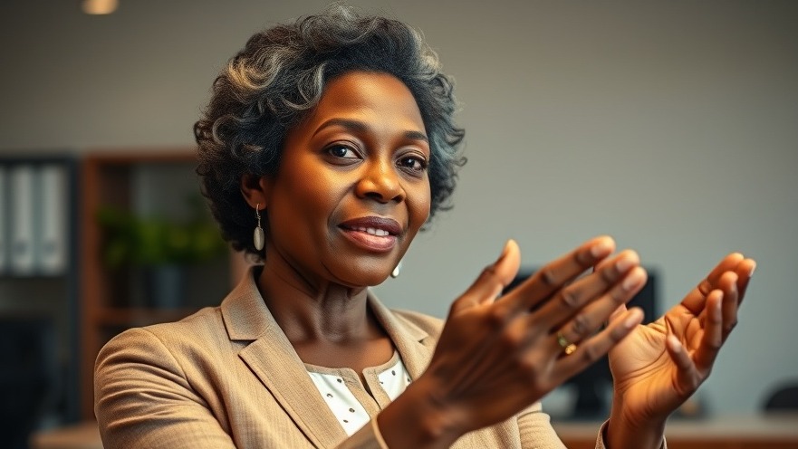 Confident older black female presenting mental health routines in a warm, photorealistic office.