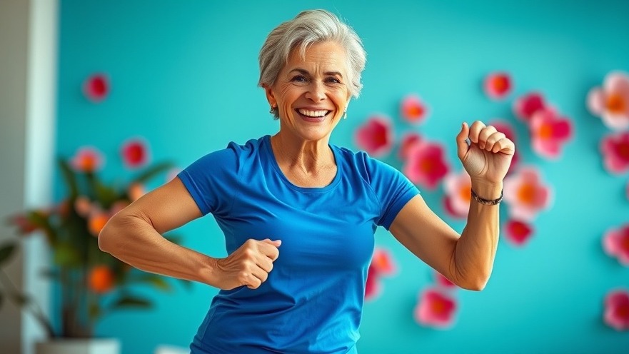 Energetic senior woman in blue sports attire enjoying dance workouts for fitness and nutrition.