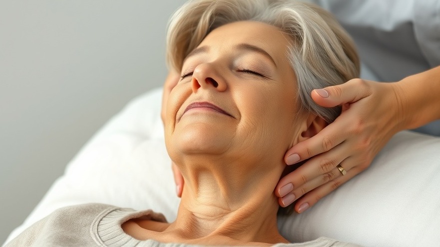 Relaxed older woman enjoying a neck massage for herbal pain relief in a serene setting.
