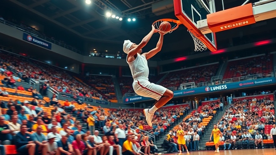 Chef in mid-air dunk at a vibrant basketball game for Super Bowl 2025 events.