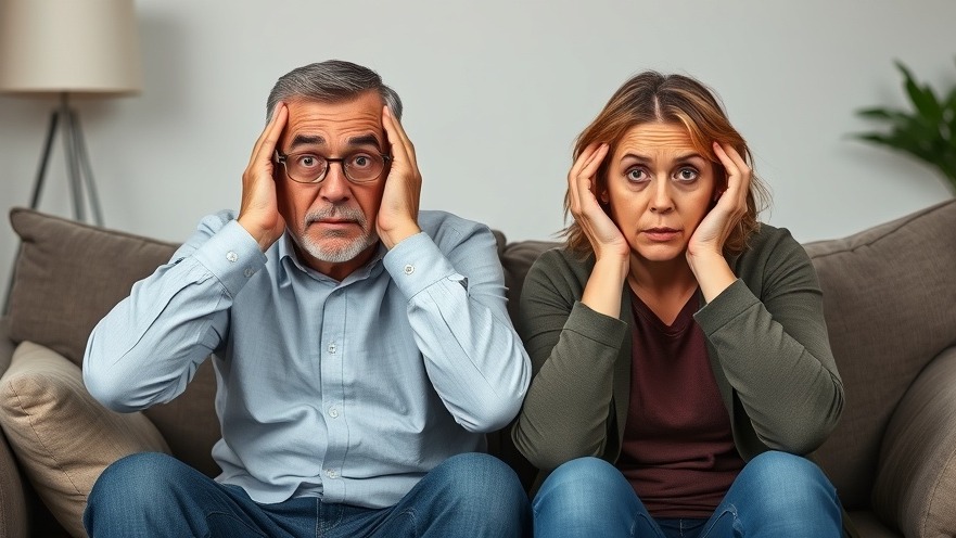 Freaked-out couple on a couch, covering ears, highlighting news consumption stress in Texas.