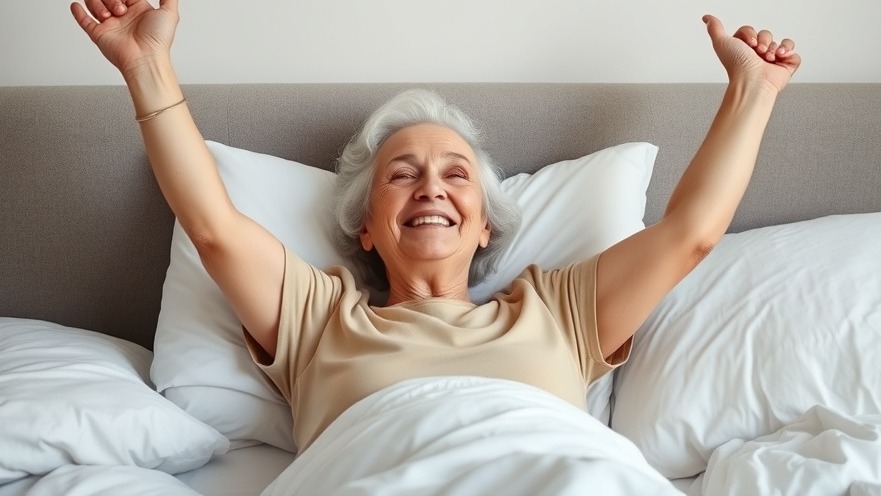 Cheerful older woman waking up in bed, arms raised, enjoying a restful night’s sleep.