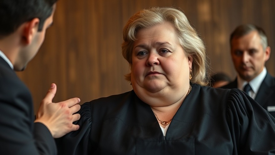 A fat female judge in a black robe being arrested, highlighting judicial integrity.