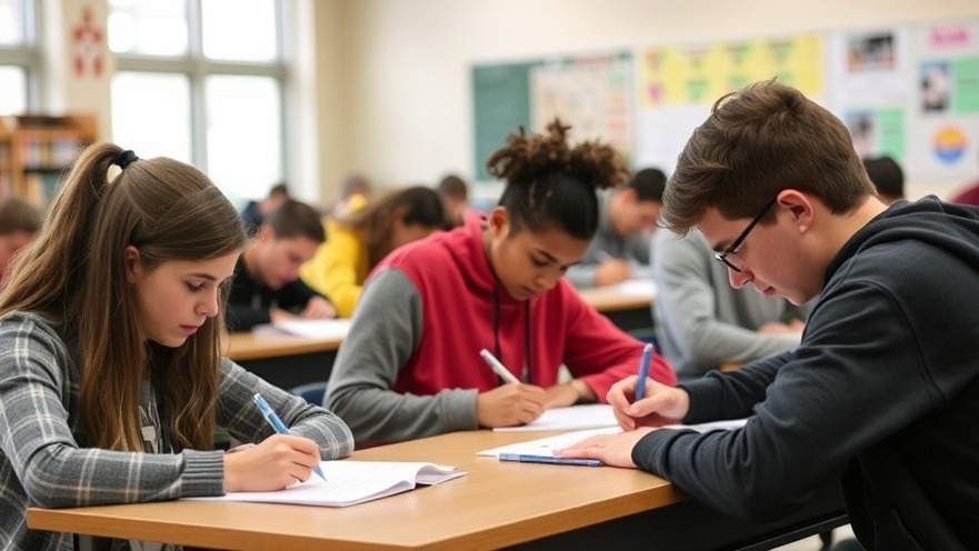 High school students taking a test reflecting Texas education performance.