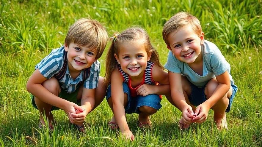 Three smiling children enjoying San Antonio weekend activities in a sunny meadow.