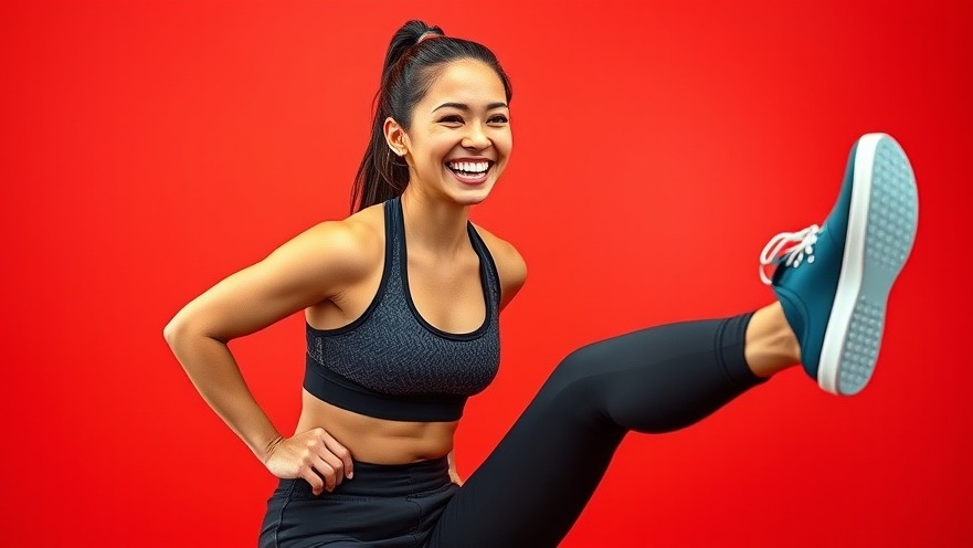 Energetic woman performing knee raises in vibrant fitness attire, promoting core strength workouts.