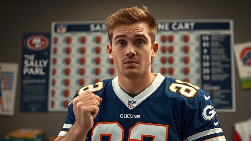 Confused young man in NFL jersey mimics eating gesture, surrounded by football charts.