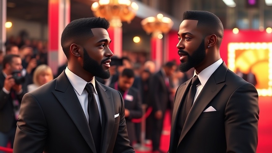 Animated black men in dark suits discuss Hollywood news at a vibrant Cannes red carpet event.