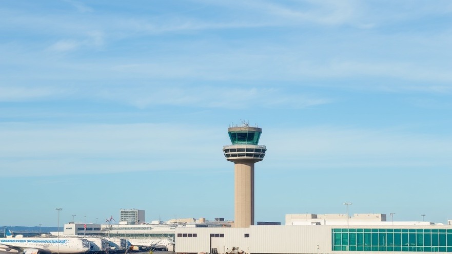 Newark airport control tower with FAA flight caps news updates