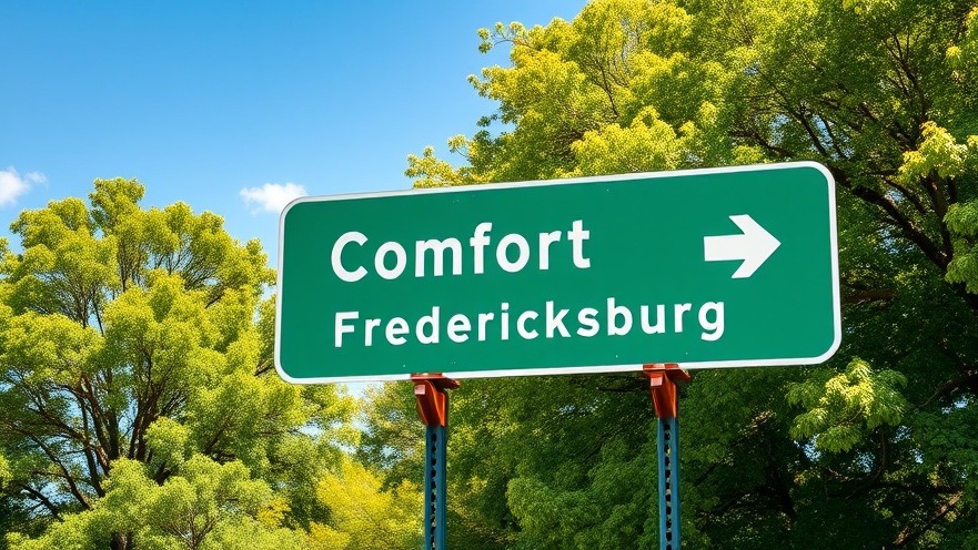 Comfort TX residents protest development near vibrant highway sign under a clear blue sky.