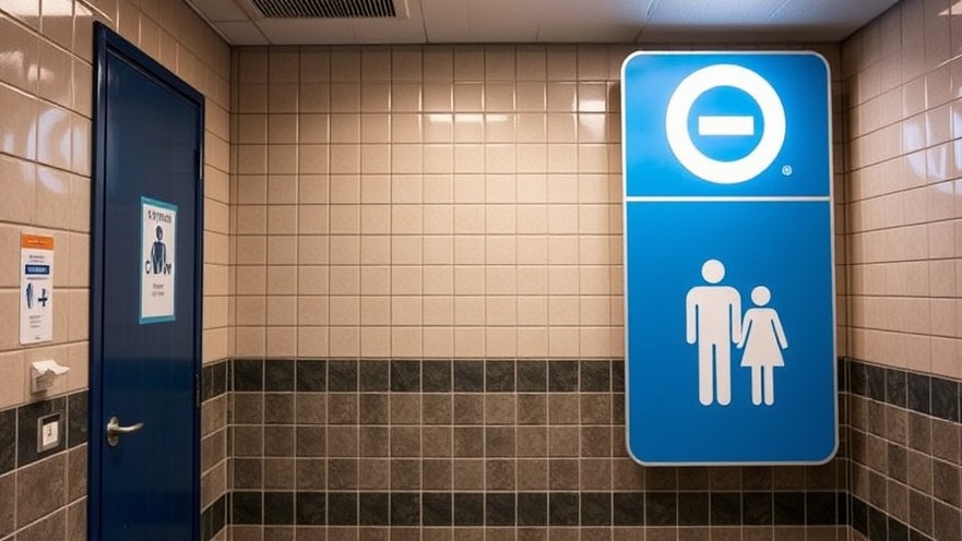 Public restroom signage related to Texas Senate Bill 7 on bathroom access legislation.