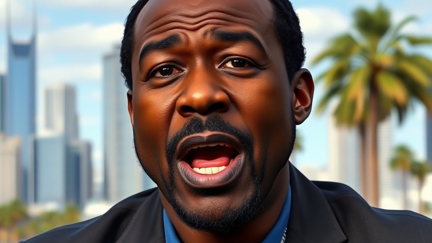 Passionate middle-aged man discussing NFL news on TV, cityscape backdrop.