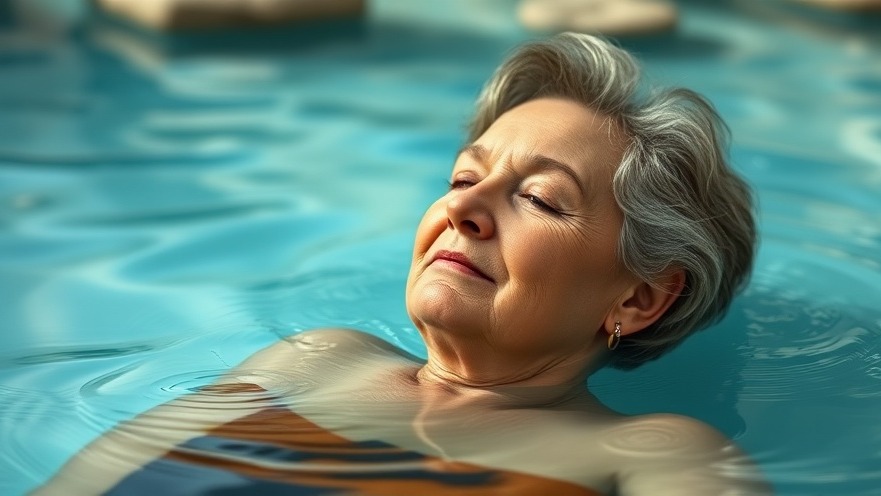 Serene older woman practicing nature therapy for anxiety in a tranquil pool.