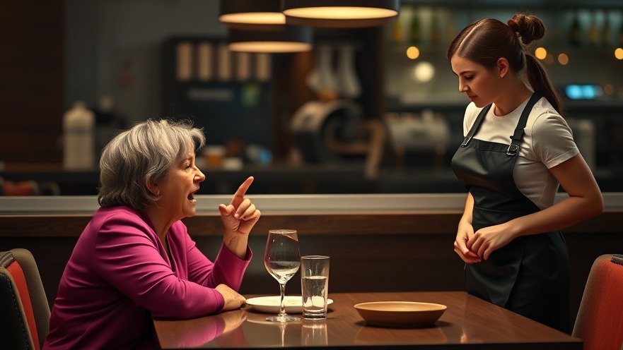 Angry woman yelling at a young waitress, reflecting on personal responsibility in mindful living.