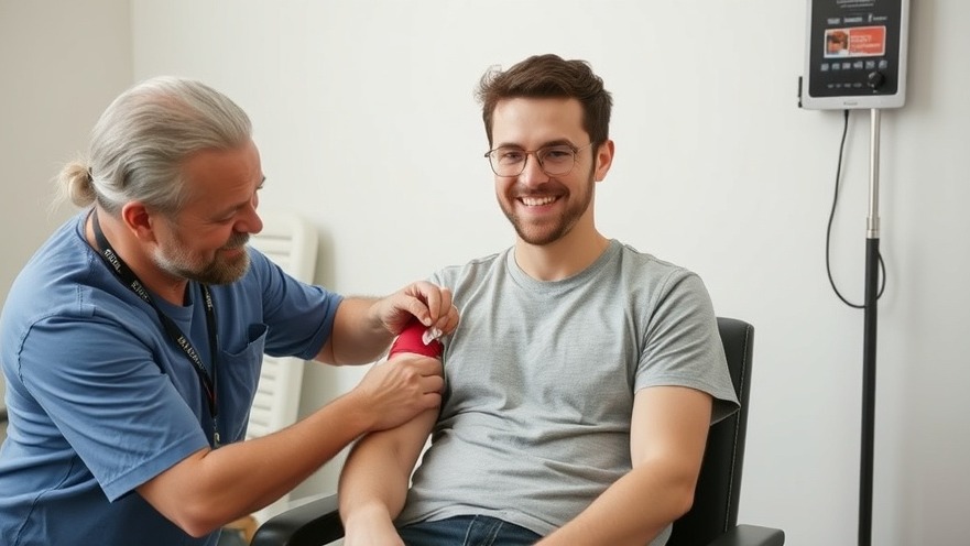 Young white man donating blood at a local blood drive for community health.