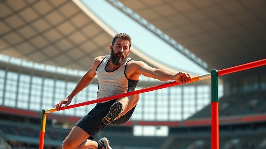 Focused male high jumper mid-jump in sunny stadium, embodying fair play in athletics.