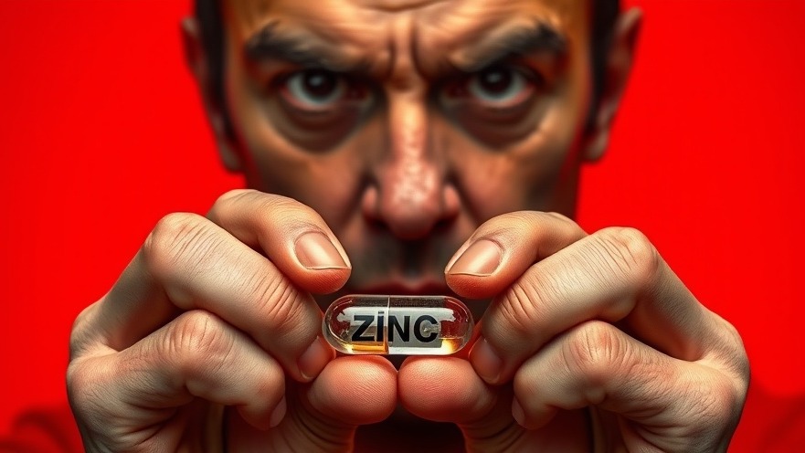 Person with serious expression holding a zinc capsule, emphasizing cognitive health in aging.
