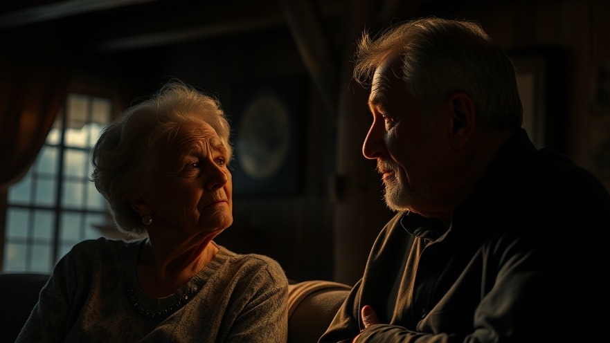 An older couple in a dimly lit room, embracing health and wellness in thoughtful conversation.
