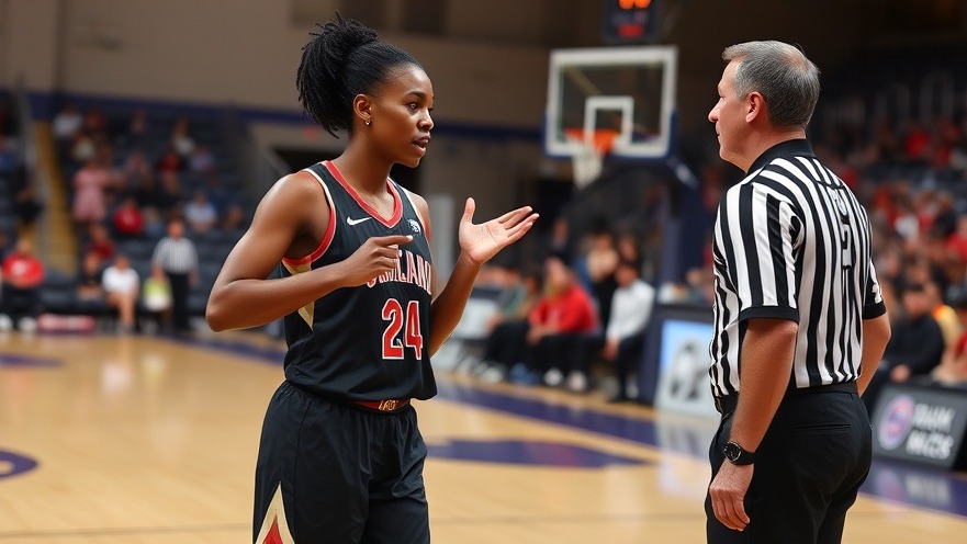 Tall black female basketball player debating with referee during NCAA recruiting.