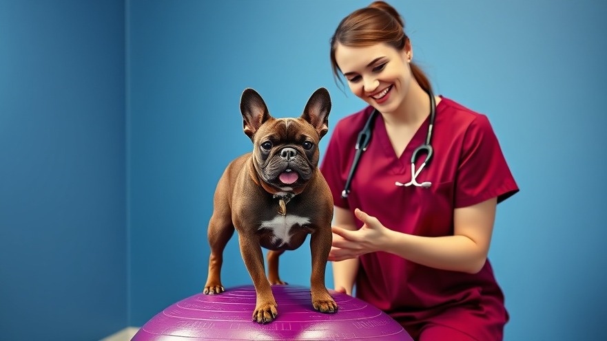 Young woman in scrubs with French Bulldog on exercise ball, promoting health and wellness.