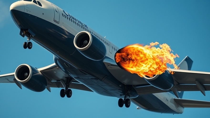 Commercial airplane in flight with engine fire during a plane safety incident.