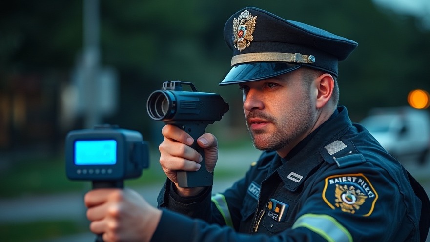 Police officer monitoring speed for Austin traffic alerts and community safety.