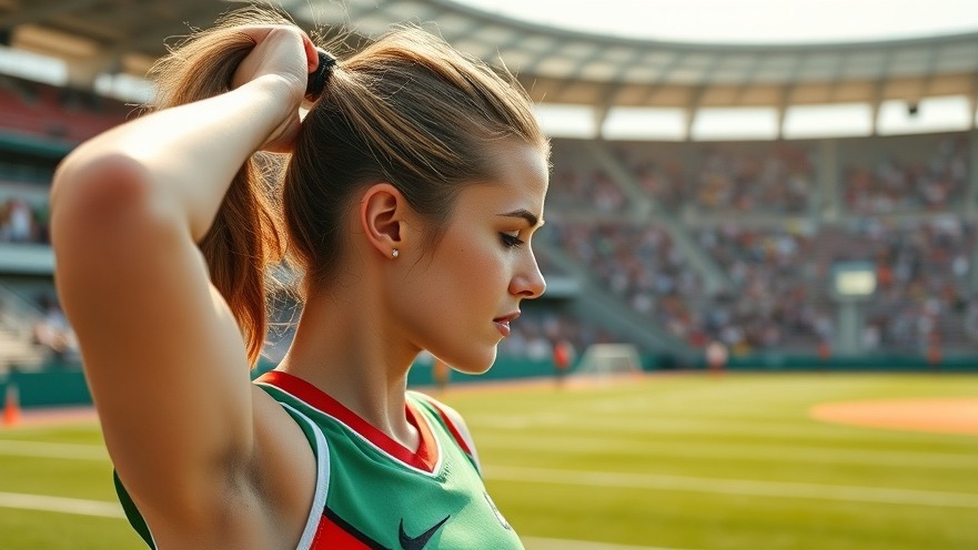 Female athlete showing player confidence before a game, tying her hair in dynamic sunlight.