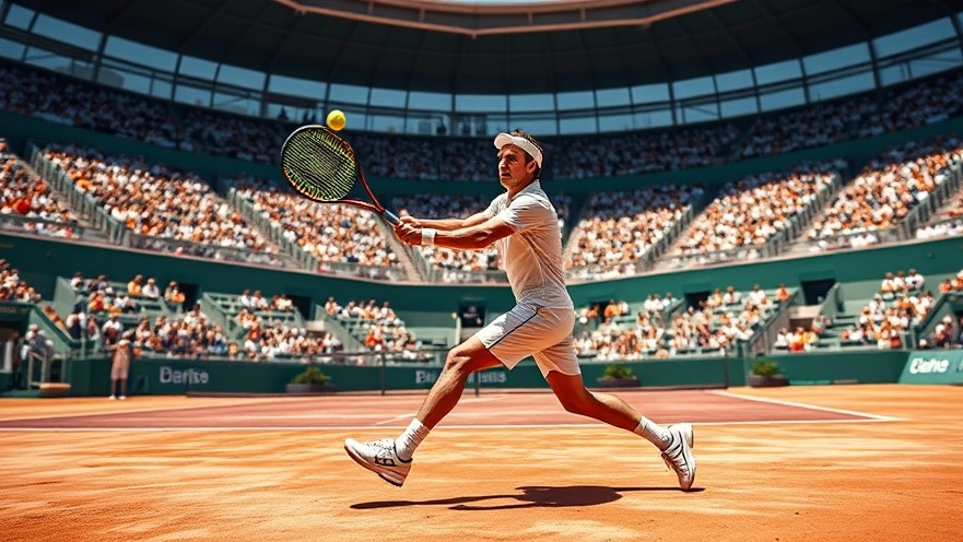 Dynamic tennis court with pro player in action, capturing the energy of college sports rankings.