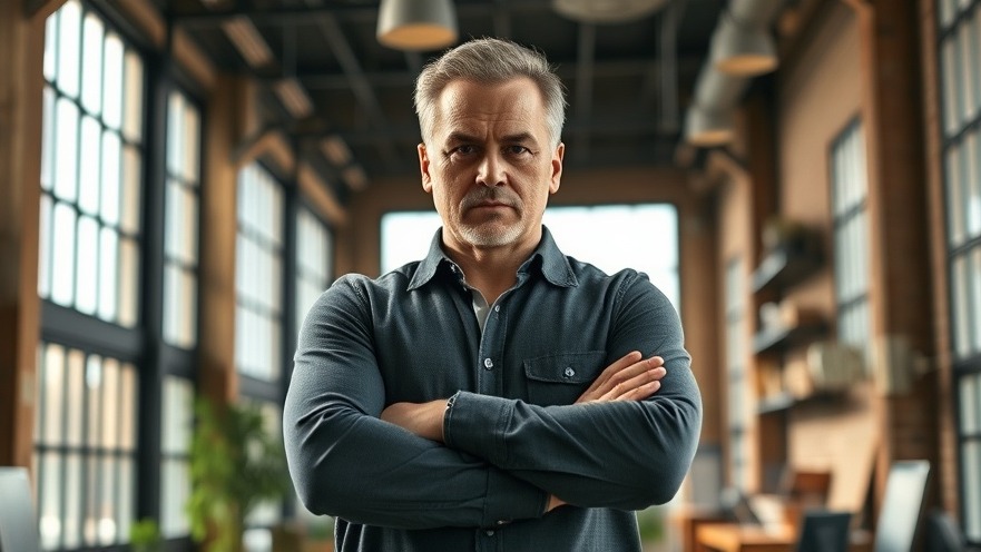 Stern middle-aged man in modern San Antonio real estate office, showcasing entrepreneurship.