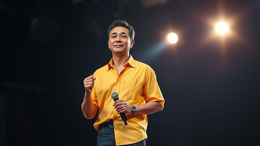 Confident man in yellow shirt discussing crypto regulations under spotlight
