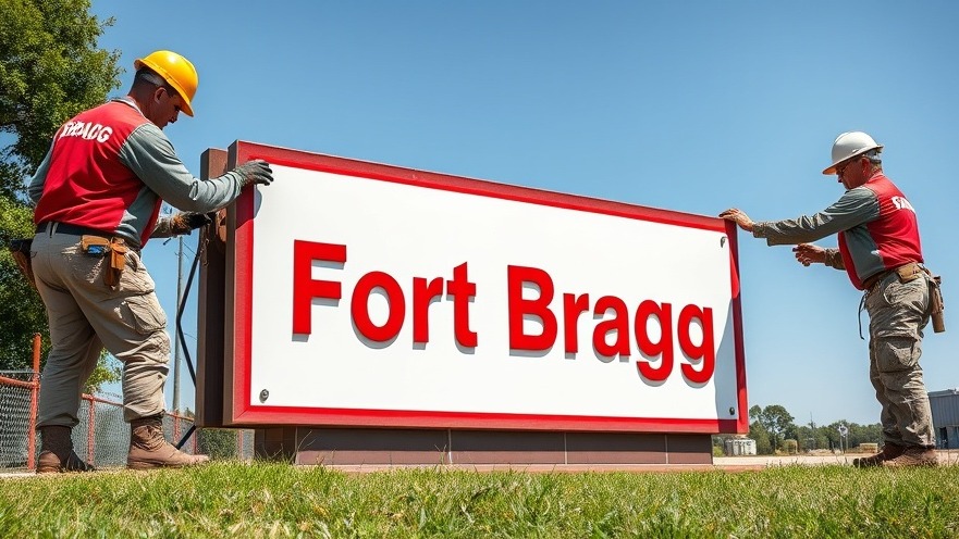 Workers updating 'Fort Bragg' sign, reflecting military naming controversy and Confederate legacy debate.