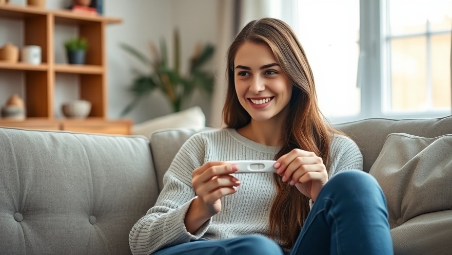 Happy young woman contemplating pregnancy test, exploring folate for pregnancy.